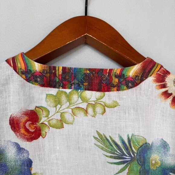 Chico's 100% Linen Ivory Water Color Floral Tie Front Long Sleeve Top Size M - Picture 9 of 13